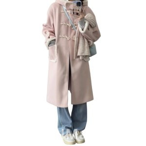 Милый нежный шерстяное пальто для женщин осень и зима сезон 2025 новый стиль Petite Preppy стиль рог пряжкой пальто средней длины стиль