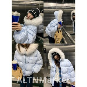 American Style Design Sense Stripes Bow Fur collar Hooded Cotton Padded Jacket Coat Winter Thickened Warm Cotton Clothing Women