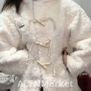Белые волосы плюш превосходное чувство шерсть ягненка пальто для женщин зима рог пряжка имитация меха шуба мех один капюшоном топ