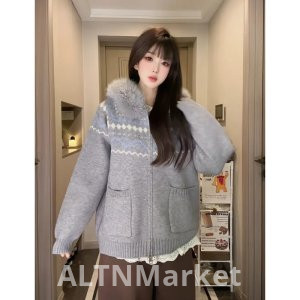 Официальная фигура Специальный овцы бархат с длинным рукавом топ вязать свитер женщины молнии кардиган пальто осень и зима меховой воротник теплый свитер
