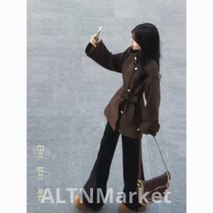 Осень и зима носить взять Хань серии Мандарин воротник талии сжатия похудения Кофе цвет шерстяное пальто женщин 2025 Новый стиль шерстяное пальто