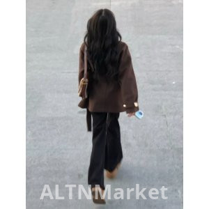 Осень и зима носить взять Хань серии Мандарин воротник талии сжатия похудения Кофе цвет шерстяное пальто женщин 2025 Новый стиль шерстяное пальто