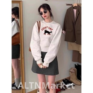 Круглый шеи пуловер короткий стиль толстовка женщины осень и зима топ свободный Fit похудения Petite