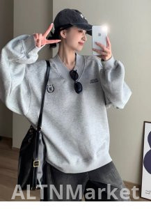 Чистый хлопок Китай Хлопковый комплекс Babe Velvet Оригинальное исполнение Американский стиль Vintage V Neck Минималистский Письмо Вышивка Длинный рукав Толстовка Женщины Осень