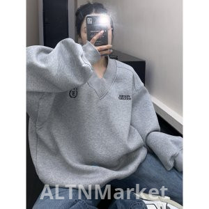 Чистый хлопок Китай Хлопковый комплекс Babe Velvet Оригинальное исполнение Американский стиль Vintage V Neck Минималистский Письмо Вышивка Длинный рукав Толстовка Женщины Осень