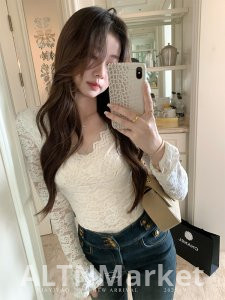 V Шея Шлифовка Волосы Длинный Рукав Топ Женщины Осень и Зима Кружева Сплайсинг Верхняя Одежда Внутри Возьмите Базовая Рубашка