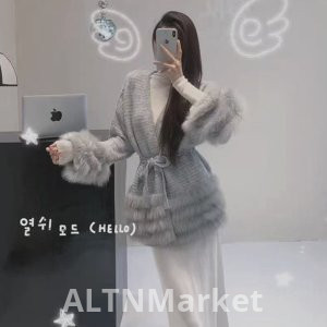 Осень и зима французский стиль элегантность нежный ветер свободный Fit шнурок V шеи меховой сплайсинга длинным рукавом вязать кардиган свитер пальто для женщин